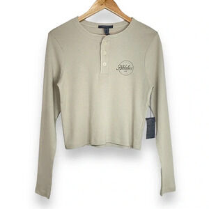 Forever 21 Henley Long Sleeve Shirt "Athletic" Logo Women's M Taupe Buttons